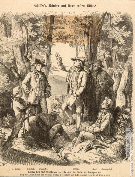 Friedrich Schiller beim Vortragen der <I>Räuber</i> im Bopserwald um 1781 (undatierter Holzschnitt)